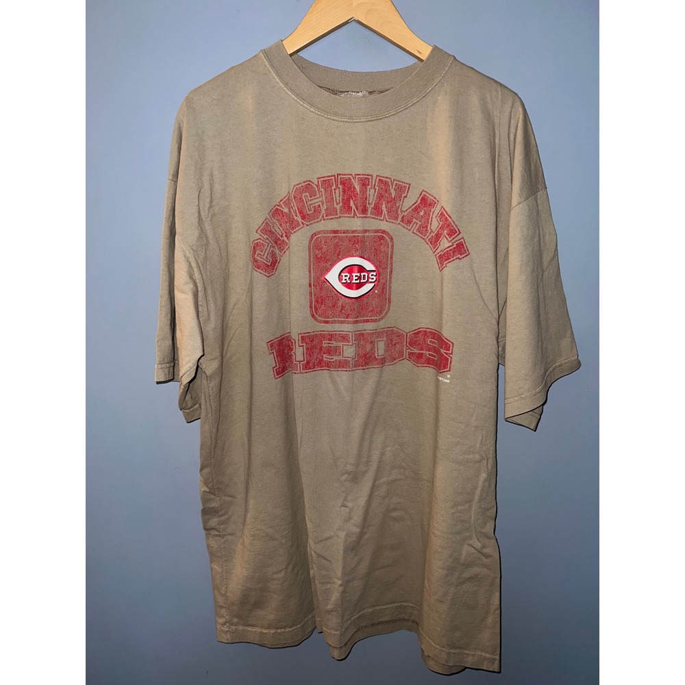 Vintage Cincinnati Reds Graphic T-Shirt Tan Short Sleeve MLB Baseball Mens 2XL